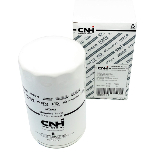 Filtro olio motore originale CNH 1909101 per trattori Fiat e New Holland. Ricambio originale per la protezione del motore. Compatibile con trattori Fiat e CNH