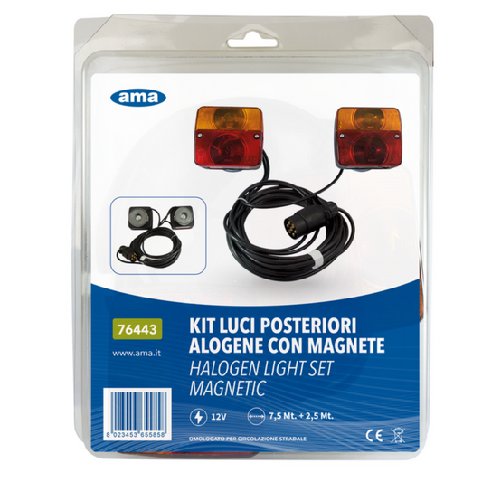 Kit luci posteriori alogene con magnete, cavo 7,5 m + 2,5 m, spina 7 poli. Funzioni stop, posizione, freccia e targa. Omologato ECE. Lampadine incluse.