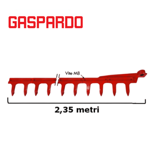 Lama dentiera paralama a 16 denti smontabili 2,35 m per barre falcianti Gaspardo FBR 235 e Fiore 235. Ricambio originale G13013061R. Denti con vite smontabile.