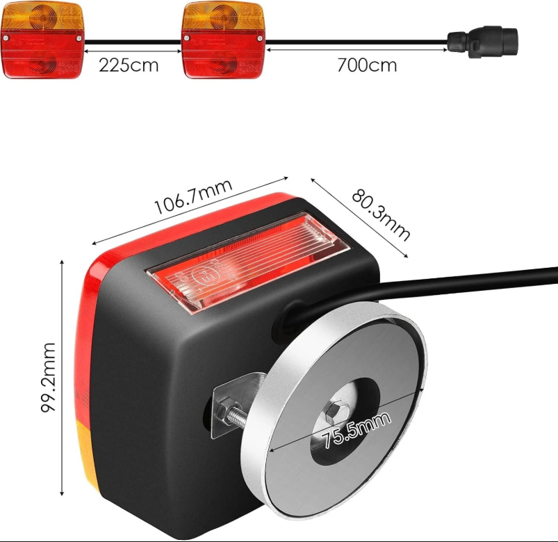 Kit luci posteriori alogene con magnete, cavo 7,5 m + 2,5 m, spina 7 poli. Funzioni stop, posizione, freccia e targa. Omologato ECE. Lampadine incluse.