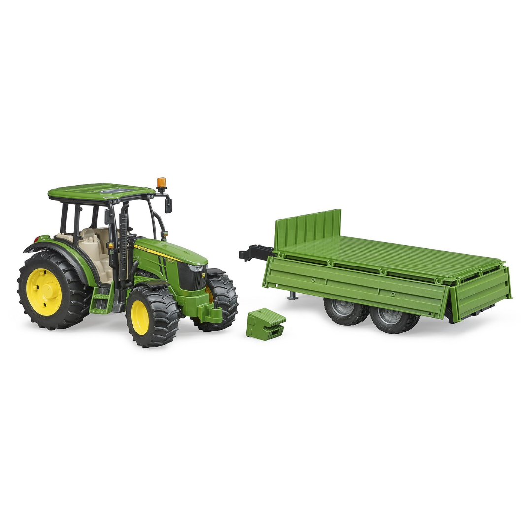 Modellino Bruder John Deere 5115M scala 1:16 con rimorchio ribaltabile. Trattore agricolo realistico, robusto e compatibile con accessori. Bambini e collezione.