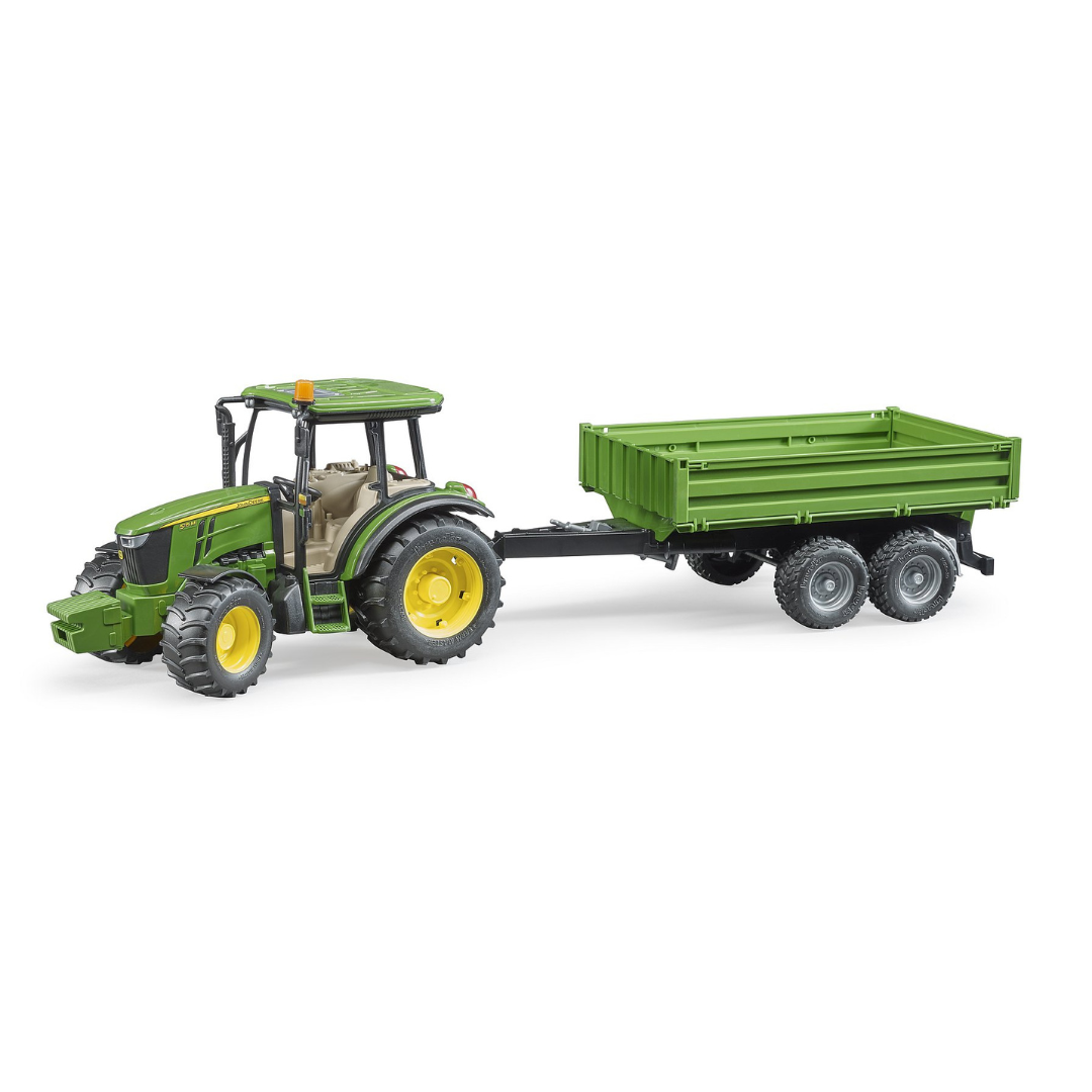 Modellino Bruder John Deere 5115M scala 1:16 con rimorchio ribaltabile. Trattore agricolo realistico, robusto e compatibile con accessori. Bambini e collezione.