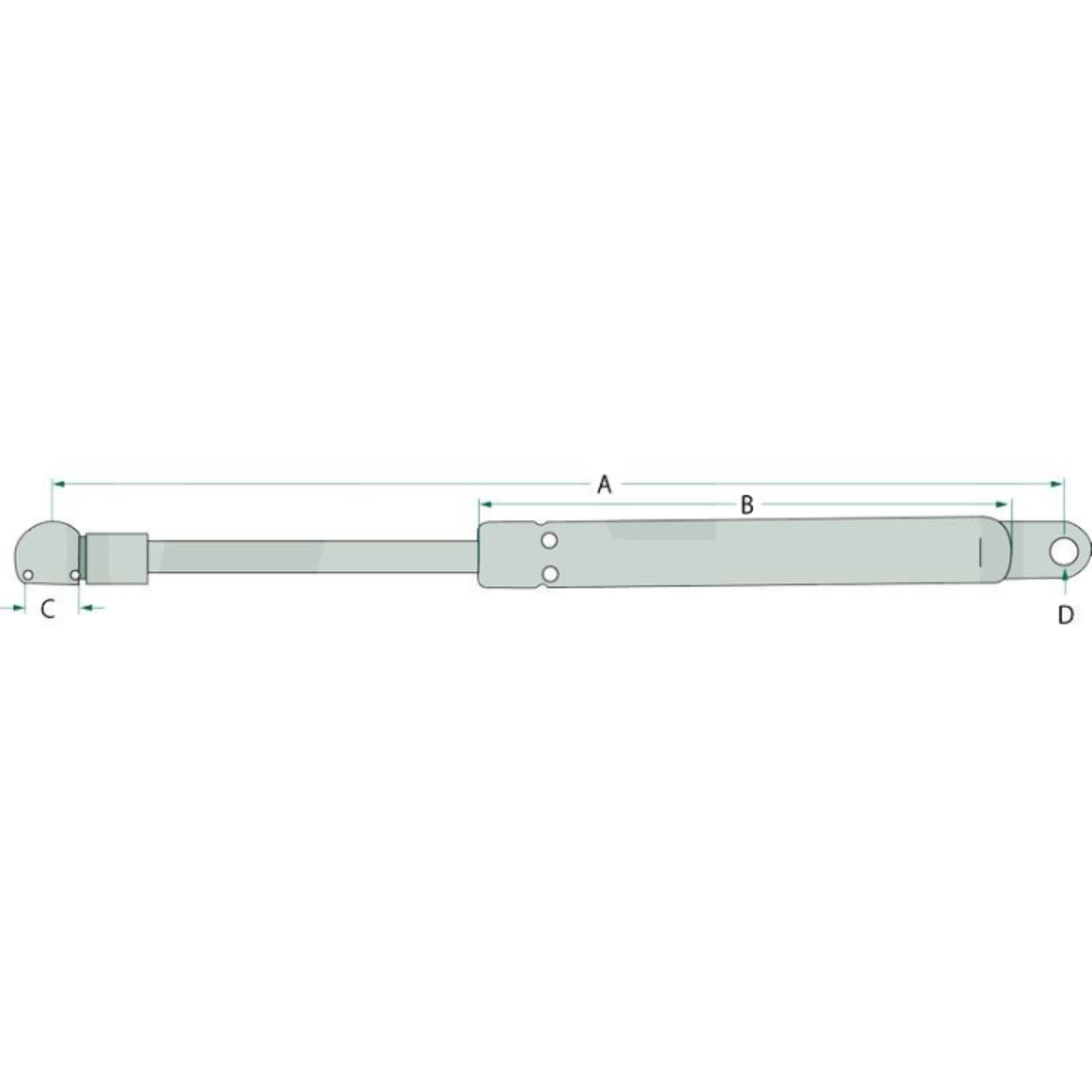 Molla a gas 100N per cofano trattori Fiat, Ford e New Holland. Lunghezza 790 mm, corsa 360 mm. Ricambio resistente e affidabile.
