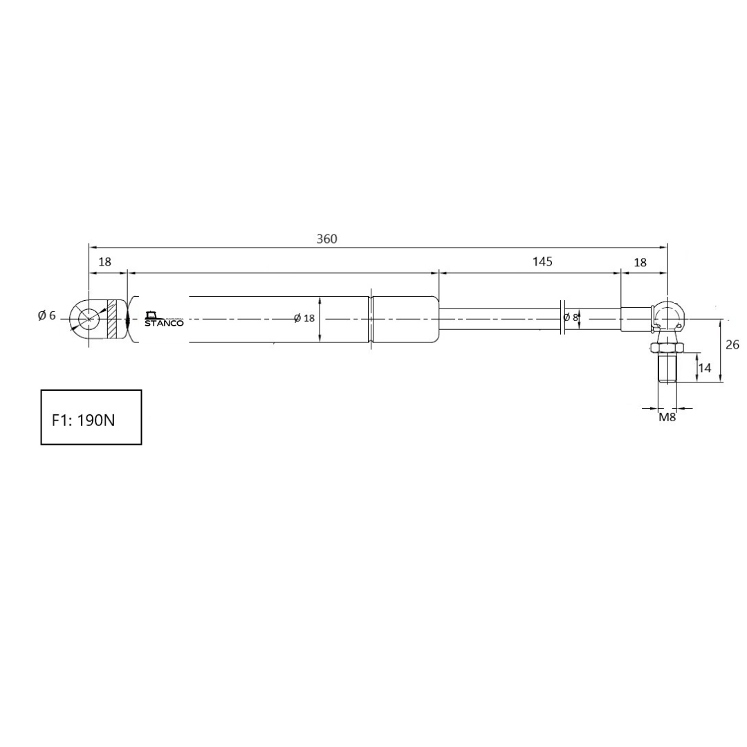 Molla a gas 190 N per vetro posteriore trattori e macchine agricole. Pistoncino da 350 mm con attacco M8 e occhiello Ø6 mm. Compatibile vetro posteriore Brieda.