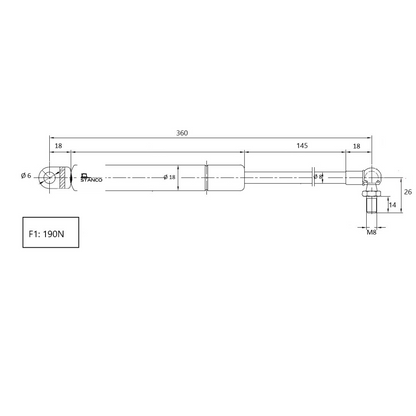 Molla a gas 190 N per vetro posteriore trattori e macchine agricole. Pistoncino da 350 mm con attacco M8 e occhiello Ø6 mm. Compatibile vetro posteriore Brieda.