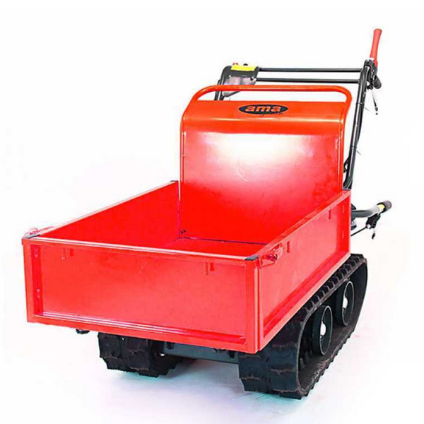 Motocarriola cingolata AMA TAG300T con motore Loncin 6,5 Hp e 196 CC, portata 300 Kg, ribaltamento assistito a molla a gas, 3 marce avanti e 1 retro. Ideale per lavori gravosi, con sistema auto-frenante per massima sicurezza e prestazioni eccellenti su ogni terreno.