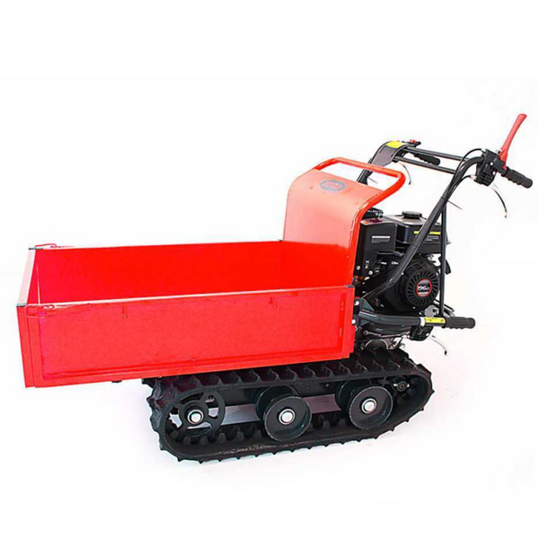 Motocarriola cingolata AMA TAG300T con motore Loncin 6,5 Hp e 196 CC, portata 300 Kg, ribaltamento assistito a molla a gas, 3 marce avanti e 1 retro. Ideale per lavori gravosi, con sistema auto-frenante per massima sicurezza e prestazioni eccellenti su ogni terreno