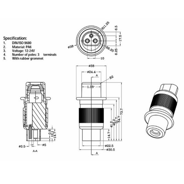 Spina a 3 poli 12-24V in plastica con cappuccio - per rotopresse