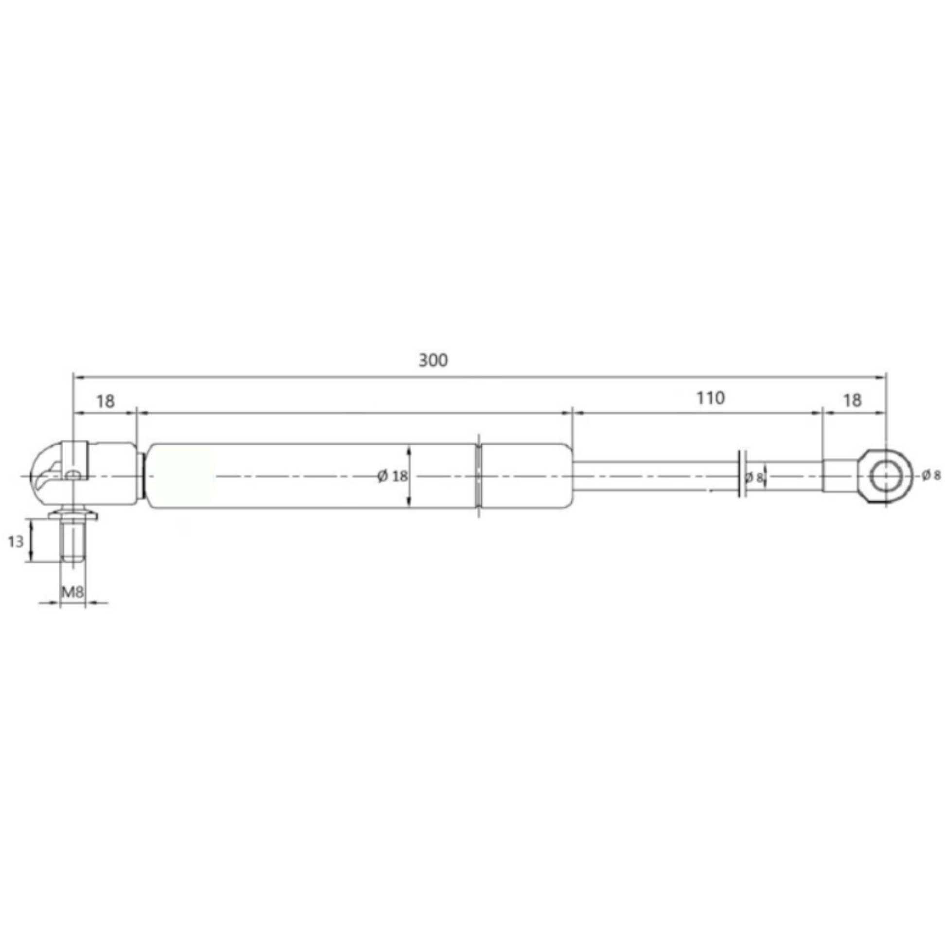 Molla a gas 200 N da 300 mm per trattori e macchine agricole. Pistoncino universale con snodo e occhiello Ø8 mm, ideale per vetri, cofani e portiere.