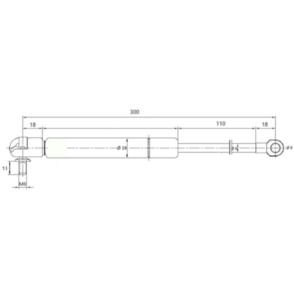 Molla a gas 200 N da 300 mm per trattori e macchine agricole. Pistoncino universale con snodo e occhiello Ø8 mm, ideale per vetri, cofani e portiere.