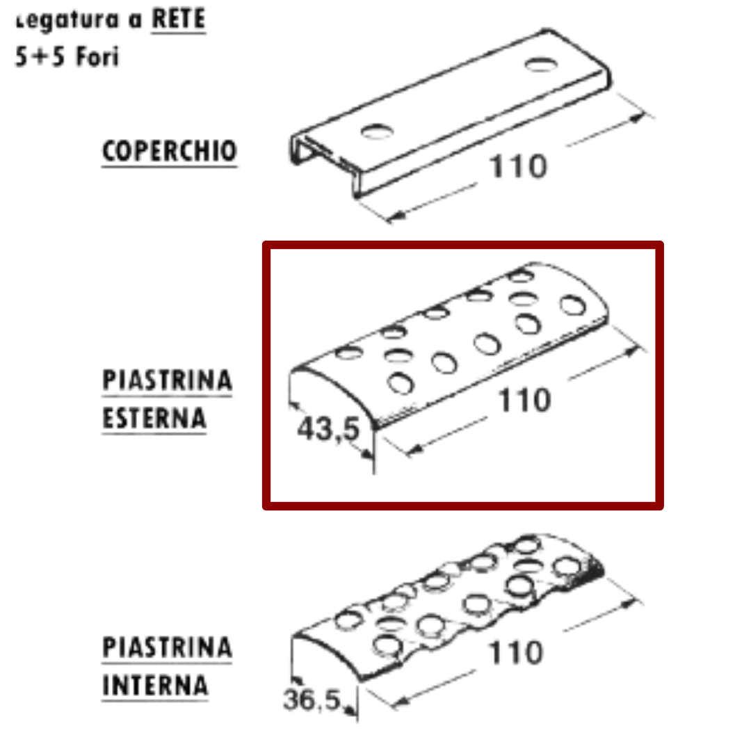 Piastrina esterna giunzione cinghia rotopressa legatore a rete 5+5 fori - MIN. 3 PEZZI