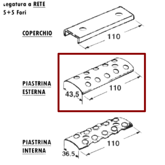 Piastrina esterna giunzione cinghia rotopressa legatore a rete 5+5 fori