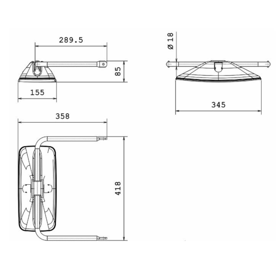 Specchietto retrovisore destro misure braccio Ø18 mm altezza 418 mm, coppa specchio 345x155 mm