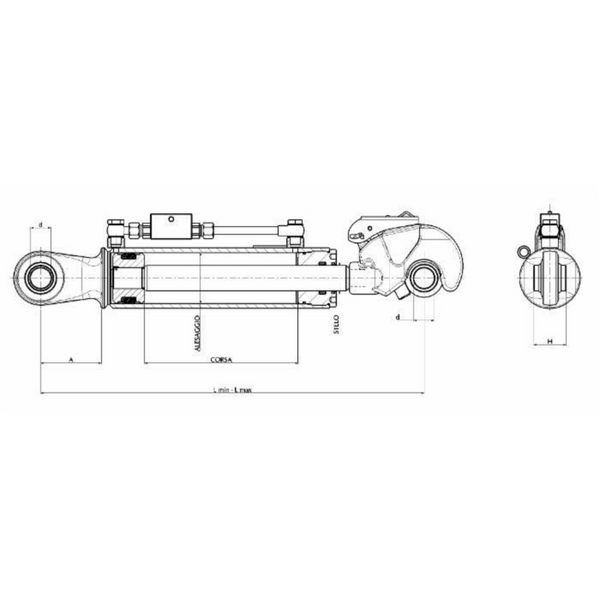 Terzo punto idraulico per trattore II cat. alesaggio 70mm Ø stelo 35mm lunghezza 550-760mm con valvola di blocco - Gancio rapido - Per trattori FIAT serie 86 (55.86 60.86 62.86 70.86 72.86 82.86 FRUTTETO)