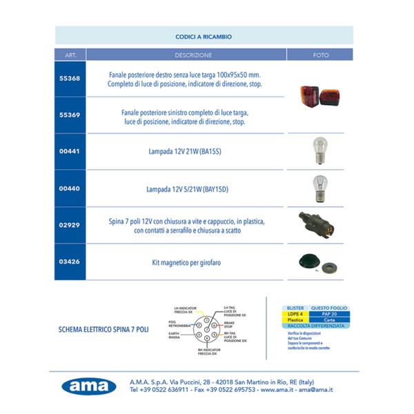Kit luci posteriori alogene con MAGNETE, cavi 7.5m + 2.5m per carrelli, trattori, roulotte con impianto già cablato