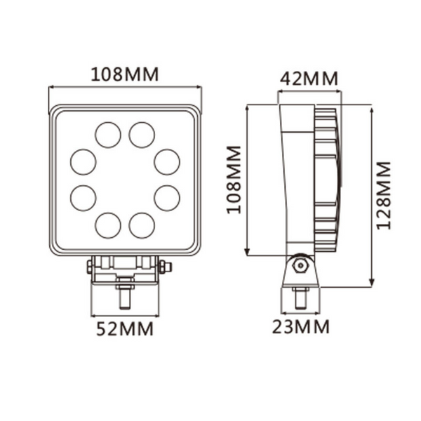 Faro da lavoro quadrato a LED 107x107 mm 10-36V, 24W, 1350 LM, raggio ampio/largo, 8 LED