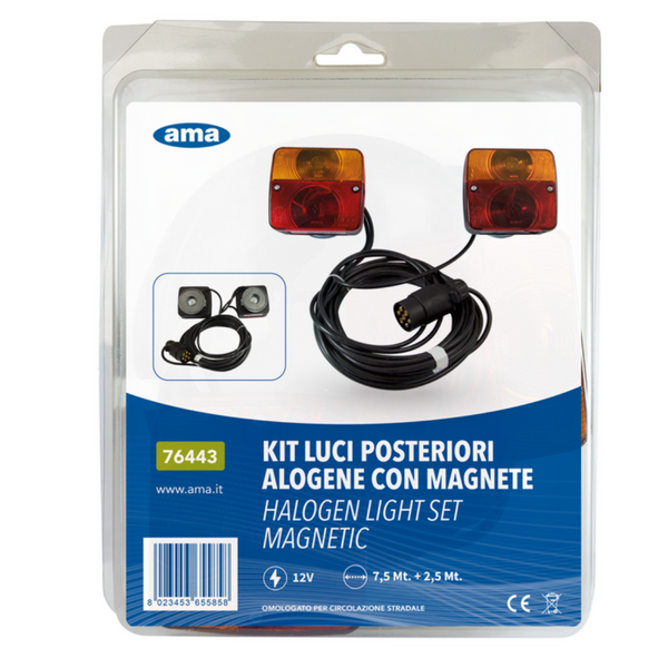 Kit luci posteriori alogene con MAGNETE, cavi 7.5m + 2.5m per carrelli, trattori, roulotte con impianto già cablato