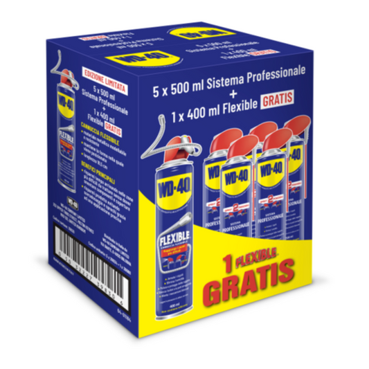 "WD-40 Promo Pack 5+1: 6 bombolette al prezzo di 5! Lubrifica, protegge, sblocca e rimuove sporco. OMAGGIO con dispositivo flexible. Approfitta del risparmio!"