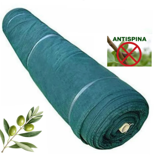 Rete raccolta olive antispina 8x50 m da 85 g/m² in HDPE vergine, con trama a nodo continuo, antisfilo e trattamento UV. Ideale per raccolta olive e frutta secca