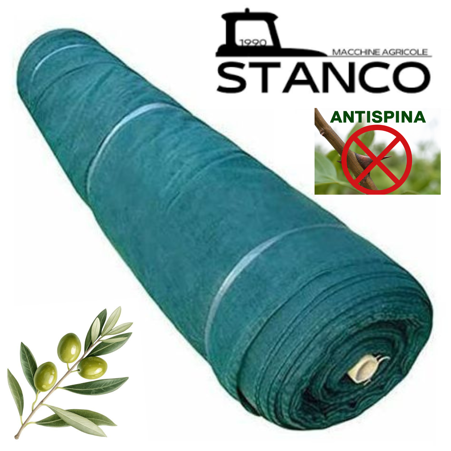 Rete raccolta olive antispina 8x50 m da 85 g/m² in HDPE vergine, con trama a nodo continuo, antisfilo e trattamento UV. Ideale per raccolta olive e frutta secca