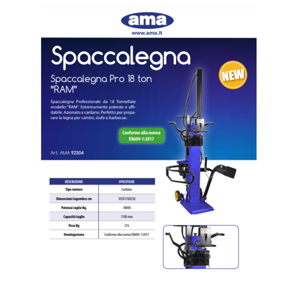 Spaccalegna a cardano Verticale AMA Pro 18 tonnellate "RAM" - Professionale