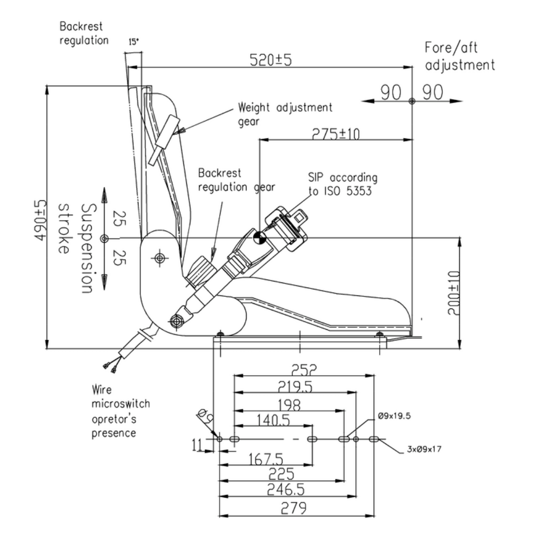 Sedile MUL 001 con sospensione meccanica per trattori cingolati FIAT e macchine industriali. Completo di guide, microswitch e regolazioni ergonomiche.