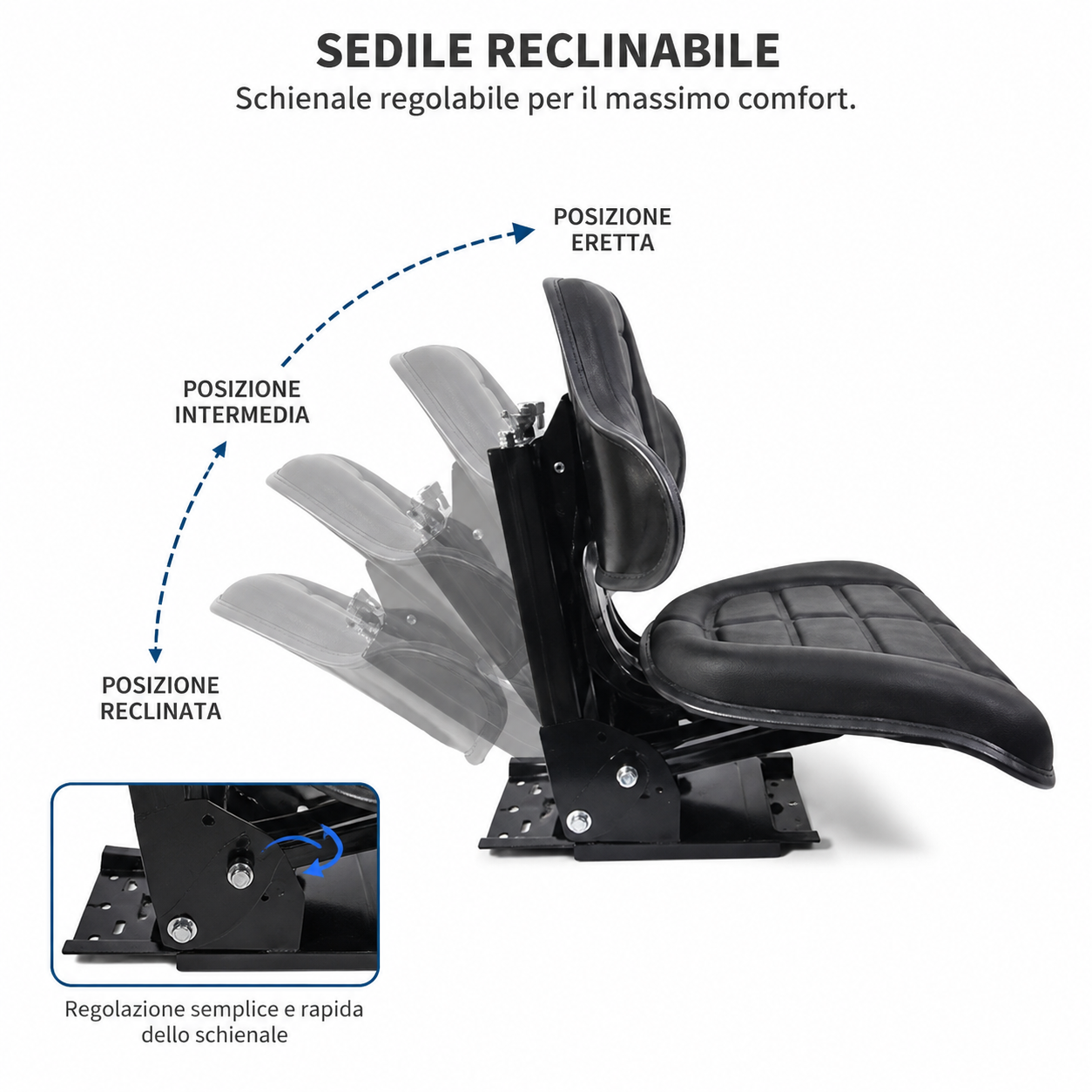 Sedile avvolgente per trattore con molleggio regolabile, 5 inclinazioni, sospensione interna e regolazione peso 50-120 kg. Comfort e sicurezza.