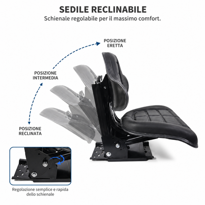 Sedile avvolgente per trattore con molleggio regolabile, 5 inclinazioni, sospensione interna e regolazione peso 50-120 kg. Comfort e sicurezza.