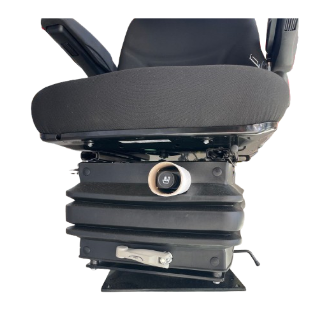 Sedile universale per trattori ed escavatori con molleggio pneumatico, riscaldamento integrato e comfort ergonomico. Ideale per uso agricolo e industriale.