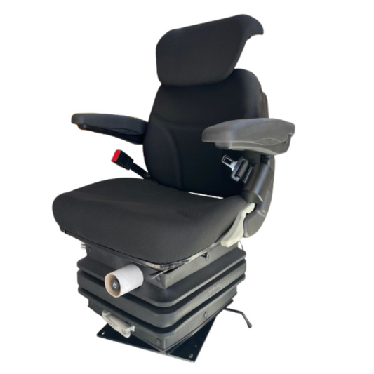 Sedile universale per trattori ed escavatori con molleggio pneumatico, riscaldamento integrato e comfort ergonomico. Ideale per uso agricolo e industriale.
