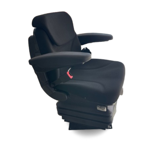 Sedile universale per trattori ed escavatori con molleggio pneumatico, riscaldamento integrato e comfort ergonomico. Ideale per uso agricolo e industriale.