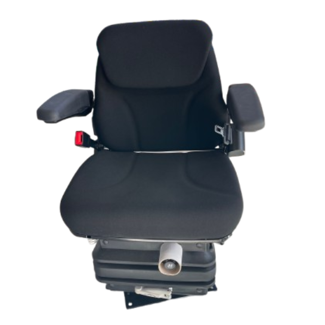 Sedile universale per trattori ed escavatori con molleggio pneumatico, riscaldamento integrato e comfort ergonomico. Ideale per uso agricolo e industriale.