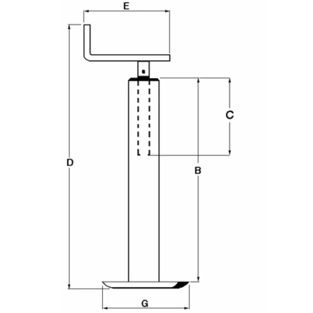 Piede d’appoggio con manovella superiore per rimorchi e carrelli, tubo 40x40 mm, altezza 532 mm, corsa vite 210 mm, portata max 200 kg."