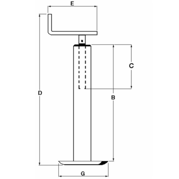 Piede d’appoggio con manovella superiore per rimorchi e carrelli, tubo 40x40 mm, altezza 532 mm, corsa vite 210 mm, portata max 200 kg."