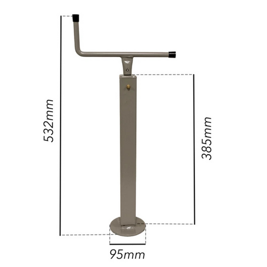 Piede d’appoggio con manovella superiore per rimorchi e carrelli, tubo 40x40 mm, altezza 532 mm, corsa vite 210 mm, portata max 200 kg."