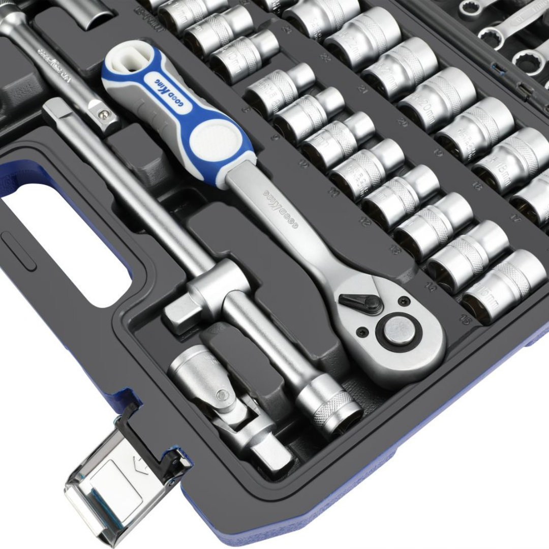 Set utensili Good King da 1/2" in valigetta antiurto. 44 pezzi al cromo vanadio: chiavi, bussole, cricchetto. Ideale per officine, agricoltura e hobbistica.