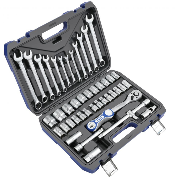 Set utensili Good King da 1/2" in valigetta antiurto. 44 pezzi al cromo vanadio: chiavi, bussole, cricchetto. Ideale per officine, agricoltura e hobbistica.