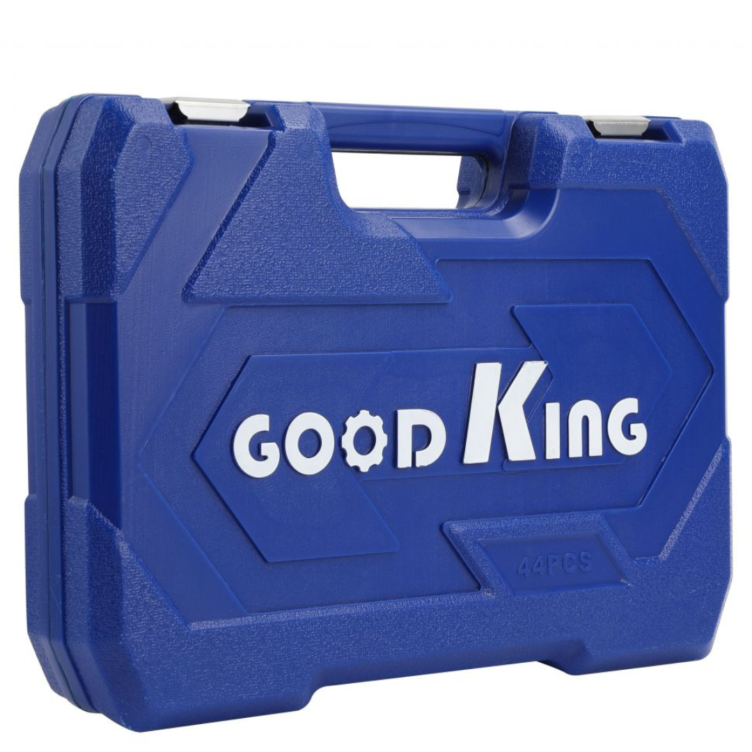 Set utensili Good King da 1/2" in valigetta antiurto. 44 pezzi al cromo vanadio: chiavi, bussole, cricchetto. Ideale per officine, agricoltura e hobbistica.