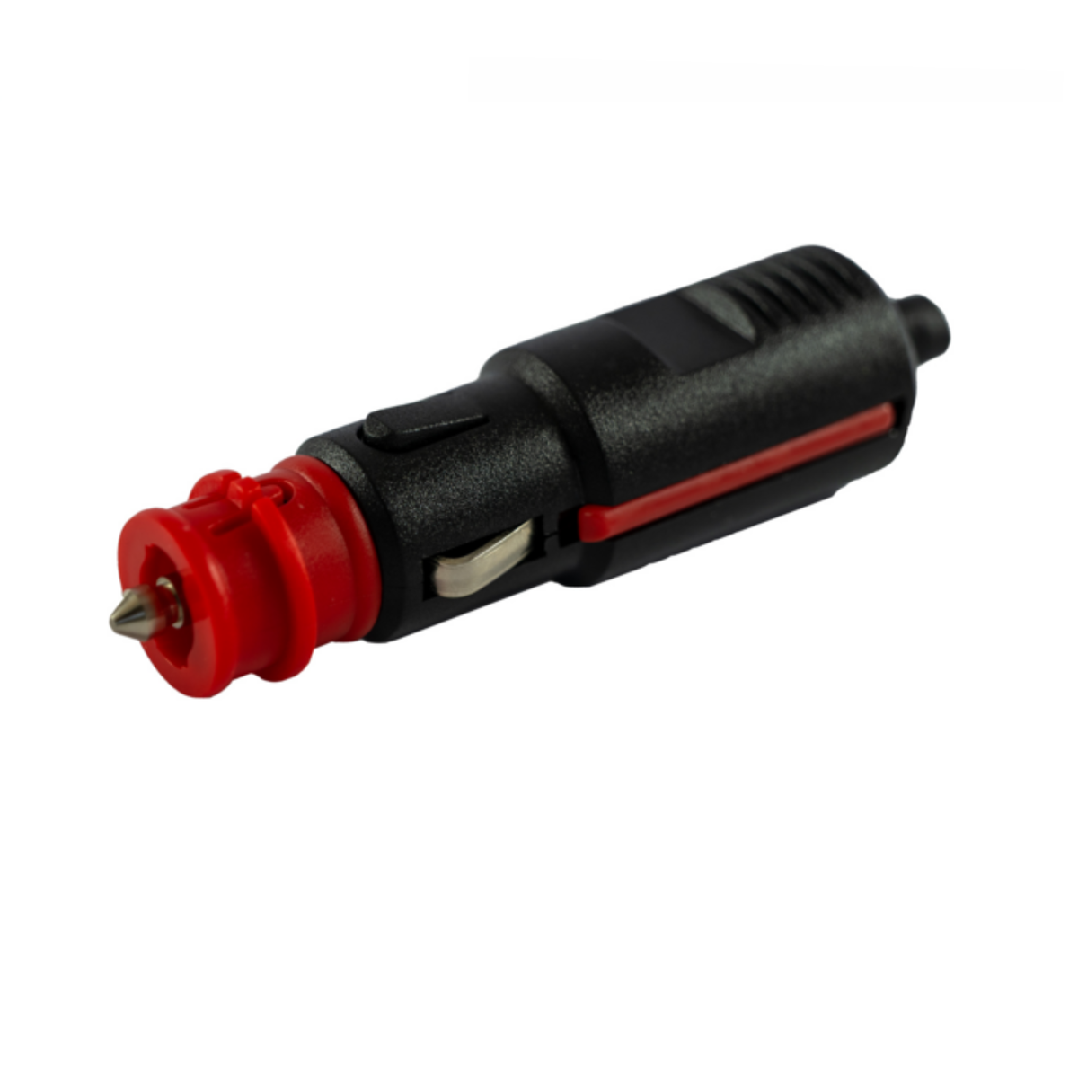 Spina accendisigari universale 12V 8A con anello rosso rimovibile, adattabile da Ø21 a Ø12 mm. Ideale per trattori, auto e veicoli compatibili.