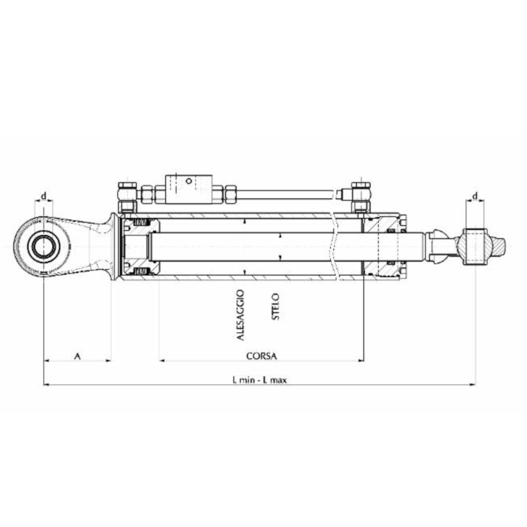 Terzo punto idraulico Categoria 1 per trattore, lunghezza 460-670 mm, corsa 210 mm, stelo Ø30, alesaggio Ø50 e fori Ø19 mm. Trattori frutteto Same e Lamborghini