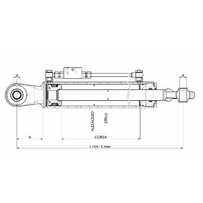 Terzo punto idraulico Categoria 1 per trattore, lunghezza 460-670 mm, corsa 210 mm, stelo Ø30, alesaggio Ø50 e fori Ø19 mm. Trattori frutteto Same e Lamborghini