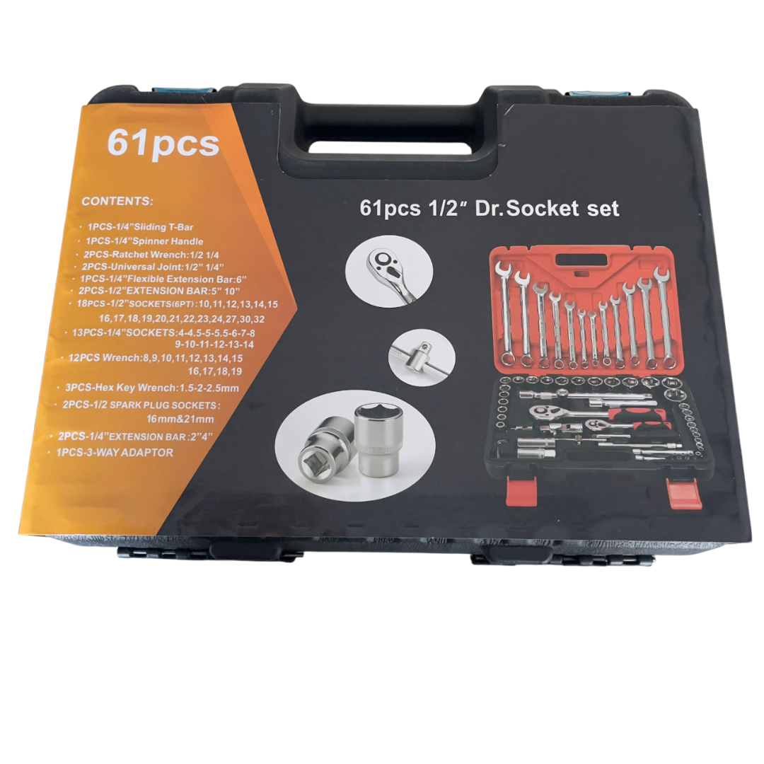 Set chiavi assortite 61 pezzi in valigetta. Include chiavi a bussola, cricchetto e inglesi. Qualità professionale per officina e fai-da-te. Dr. Socket.