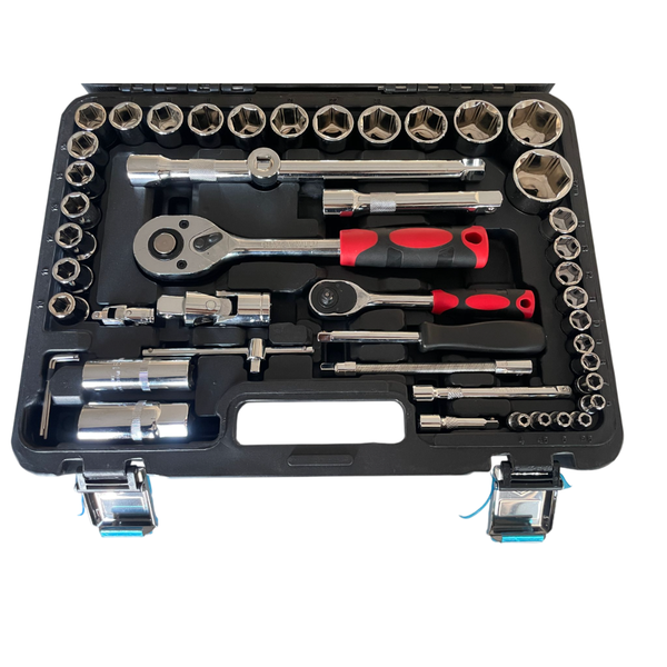 Set chiavi assortite 61 pezzi in valigetta. Include chiavi a bussola, cricchetto e inglesi. Qualità professionale per officina e fai-da-te. Dr. Socket.