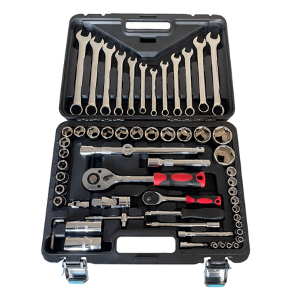 Set chiavi assortite 61 pezzi in valigetta. Include chiavi a bussola, cricchetto e inglesi. Qualità professionale per officina e fai-da-te. Dr. Socket.