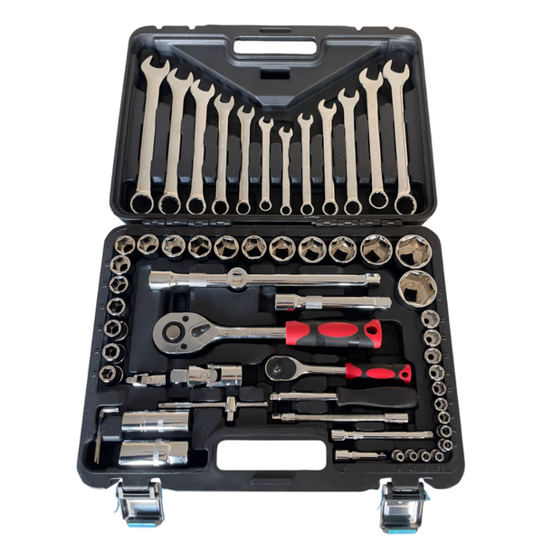 Set chiavi assortite 61 pezzi in valigetta. Include chiavi a bussola, cricchetto e inglesi. Qualità professionale per officina e fai-da-te. Dr. Socket.