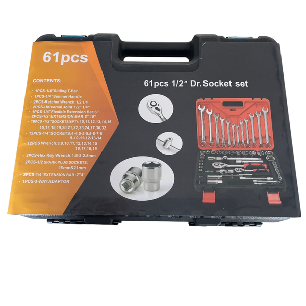Set chiavi assortite 61 pezzi in valigetta. Include chiavi a bussola, cricchetto e inglesi. Qualità professionale per officina e fai-da-te. Dr. Socket.