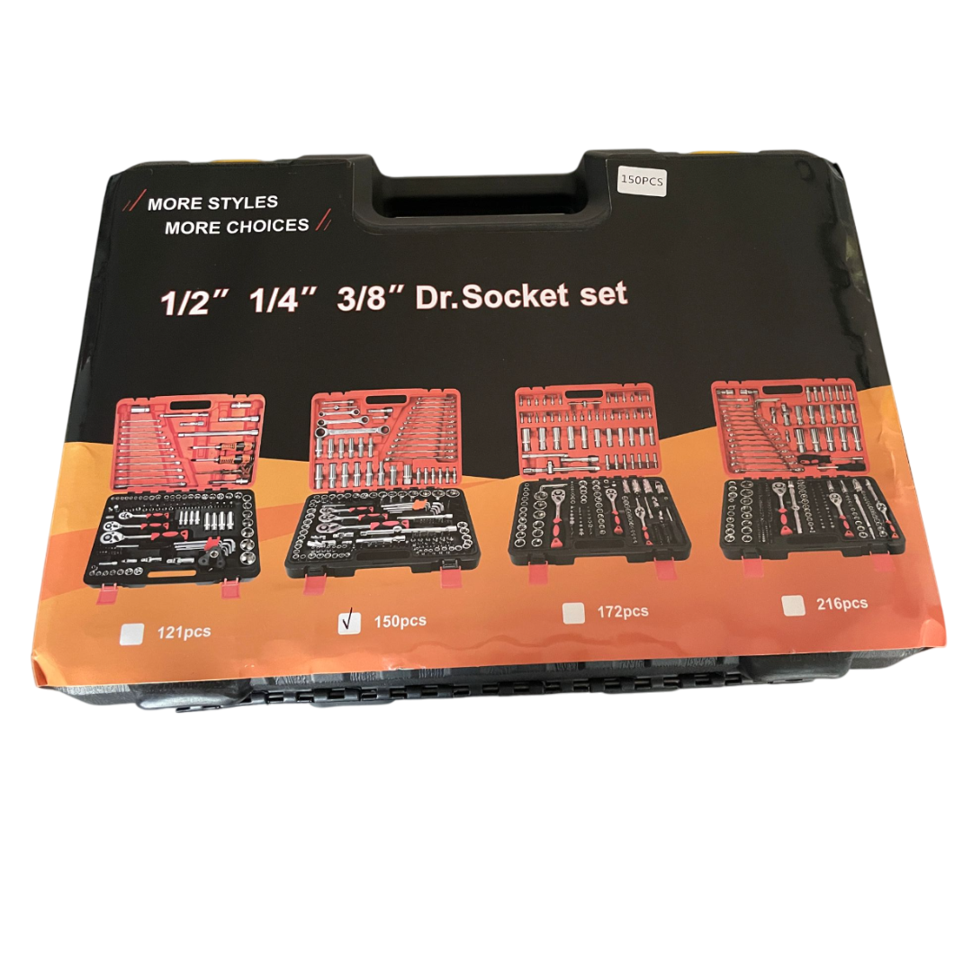 Set chiavi assortite 150 pezzi in valigetta. Include chiavi a bussola, cricchetto, inglesi, brugola. Qualità professionale per officina e fai-da-te. Dr. Socket.