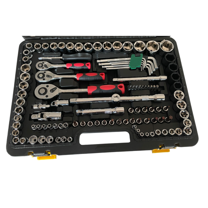 Set chiavi assortite 150 pezzi in valigetta. Include chiavi a bussola, cricchetto, inglesi, brugola. Qualità professionale per officina e fai-da-te. Dr. Socket.