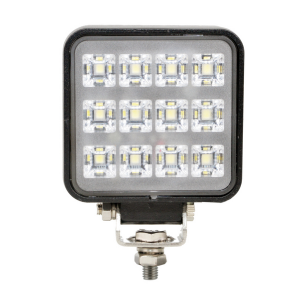 Faro LED quadrato 10,5W, 1800 lumen, IP67 con interruttore. 12 LED, raggio ampio, 10–30V. Robusto, compatto, ideale per trattori e veicoli industriali.