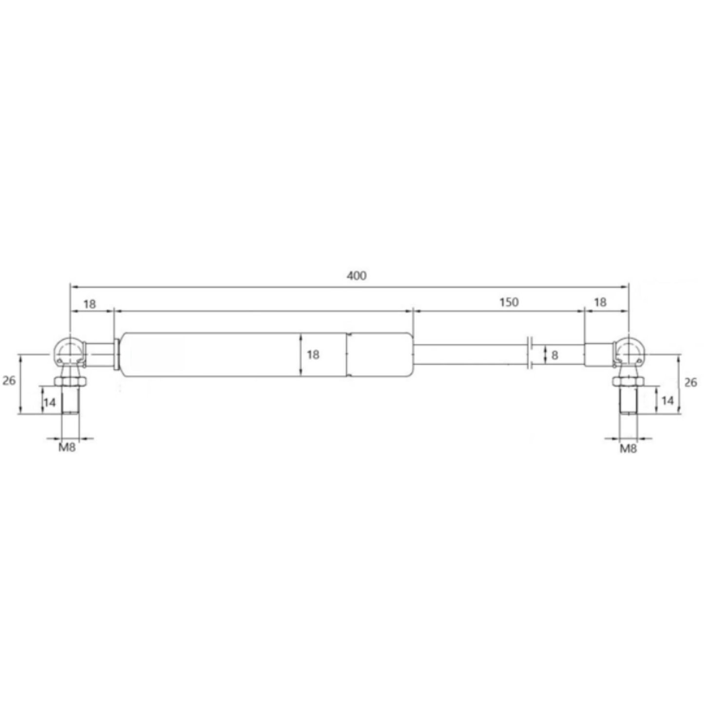 Molla a gas 100 N da 400 mm per sportelli laterali cabina Brieda. Pistoncino con sfere metalliche Ø10 mm M8x14, resistente e affidabile.